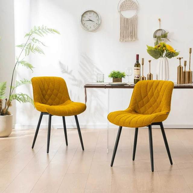 YOUNIKE Upholstered Dining Chairs Set of 2 Boucle Modern Dining Room Chair for Kitchen, Yellow
