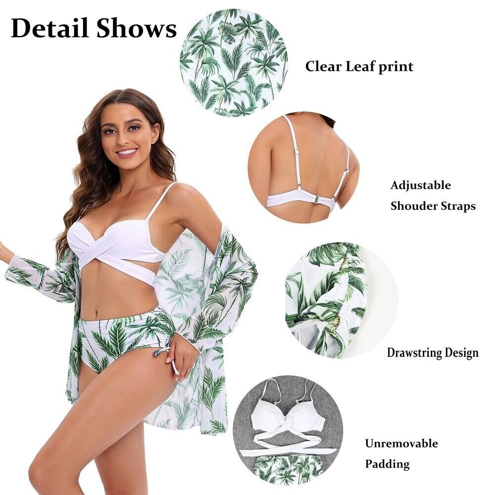 High Waist 3 Piece Bikini Set With Cover Up 2022 Women Swimsuit Print Long...