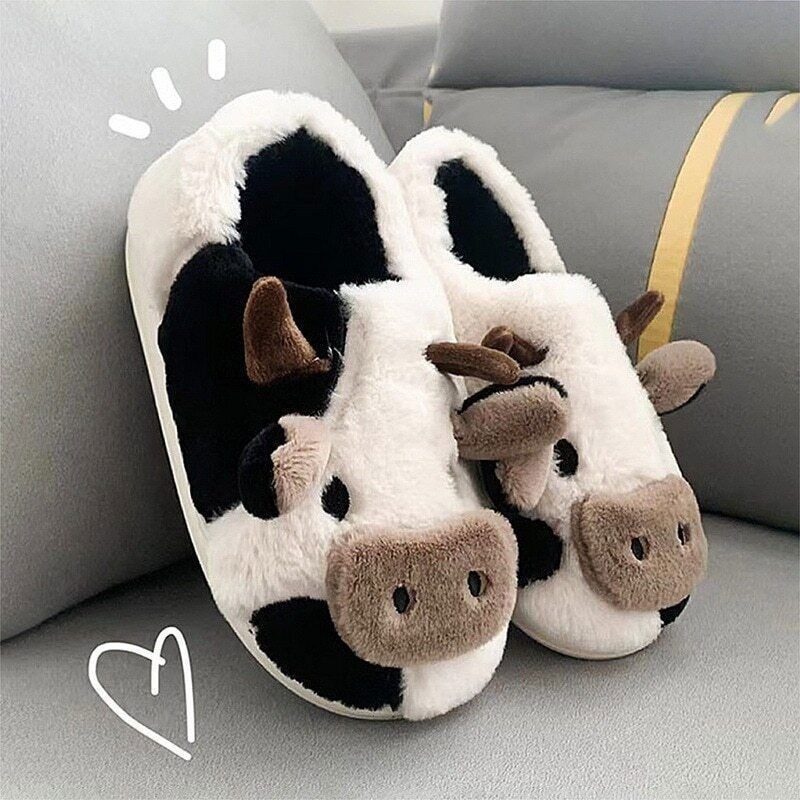 Animal Slipper Women Girls Fluffy Slippers Woman Cartoon Milk Cow House Shoes